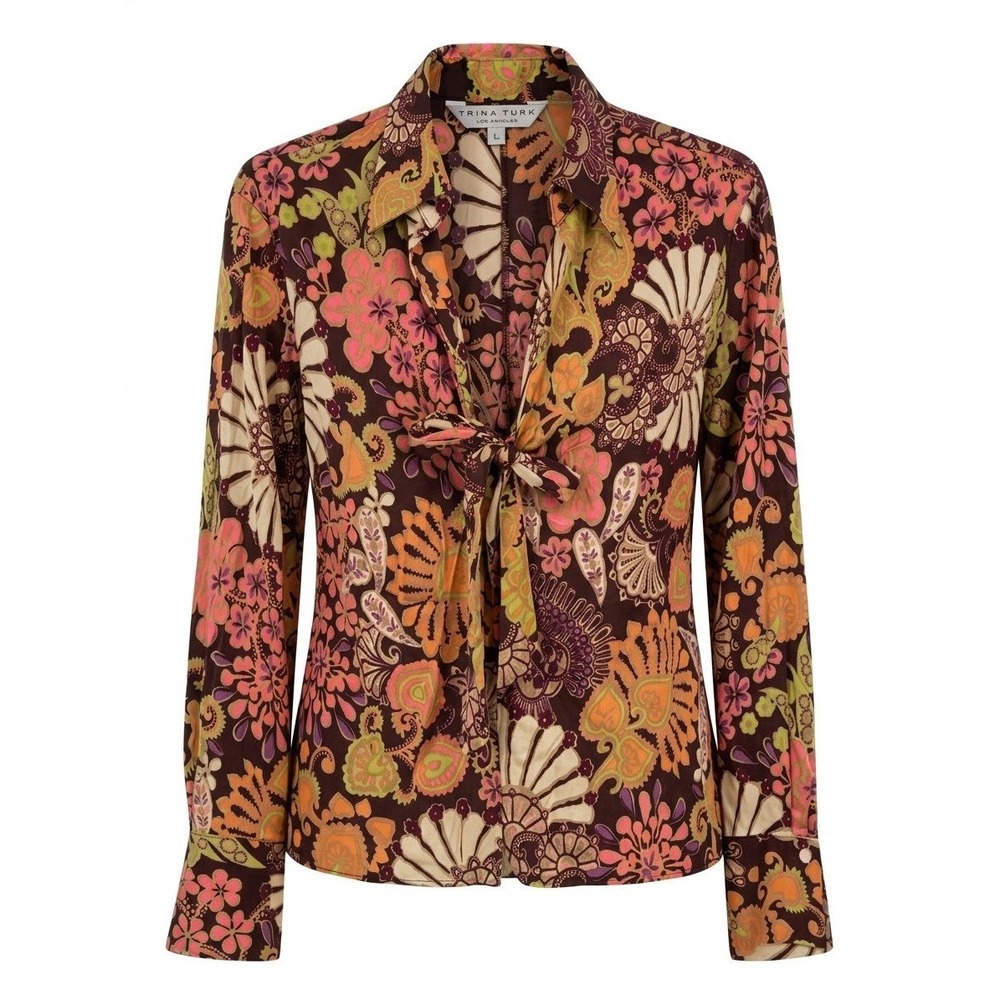 Trina Turk Brown Multi Paisley Floral Tie Front Silk Blend Blouse Large 01298